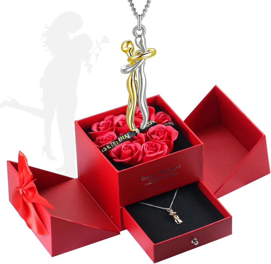 Valentines Day Gifts for Him Her Boyfriend Girlfriend, Preserved Real Roses with Couple Hug Necklace, Wedding Anniversary Birthday Gift for Women, Romantic Present to Mother Mama Couples Wife Husband (Red box + Silver necklace)