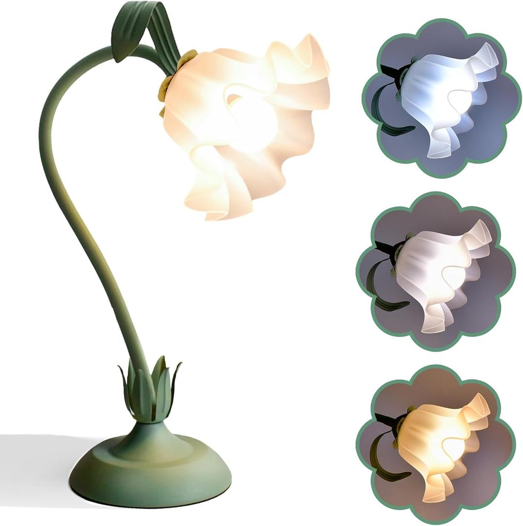 FVTLED Cute Flower Table Lamp, Bedside Vintage Flower Lamp with LED Bulb, 3 Colors Temperature Flower Lamp for Bedroom Living Room Bedside Desk Reading Lighting Table Lamps Home DecorationGreen