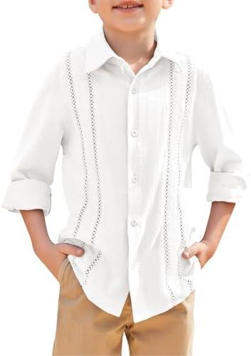 Haloumoning Boys Cuban Guayabera Shirt Kids Fashion Button Down Long Sleeve Shirts 5-14 Years size 130