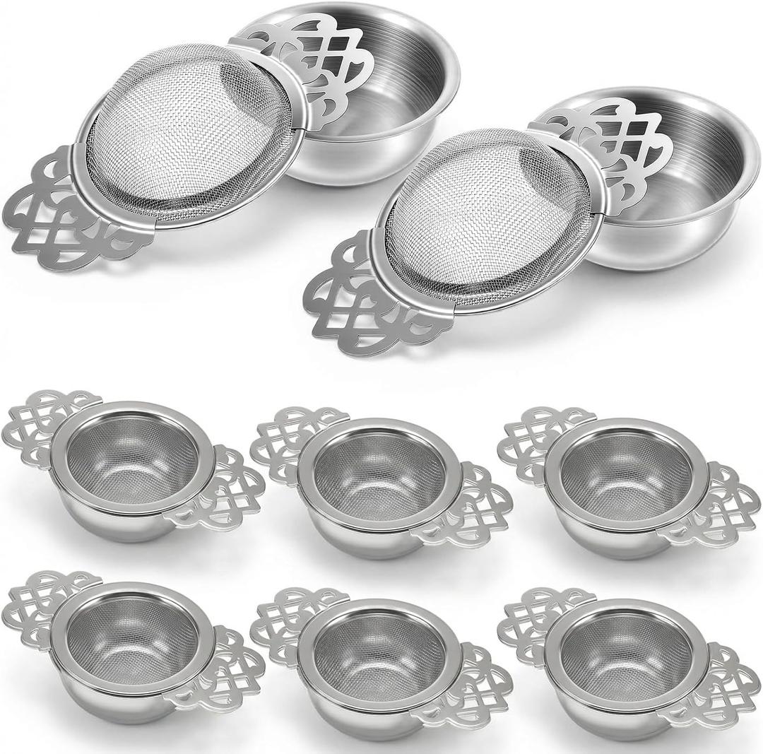8 Pack Stainless Steel Tea Drain Strainer, Tea Filter Mesh, Teas Drip Bowls, Teapot Strainer With Petal Handles Teas Divider Sliver Small Fine Mesh Strainers for Loose Juice Coffee