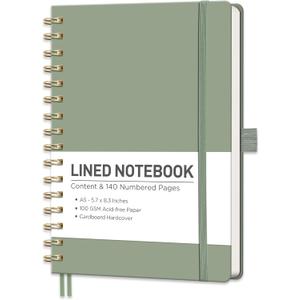 RETTACY Lined Journal Notebook, 140 Numbered Pages, A5 Medium Size (5.7'' x 8.3''), for Men & Women, Journaling, Writing, Work & Office, Spiral-bound, Hardcover, 100 GSM Thick Paper (Light Green)