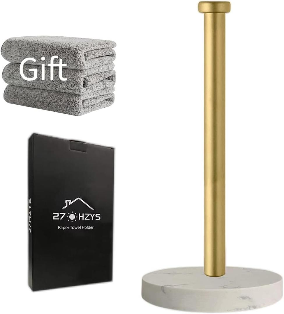 Paper Towel Holder Countertop, Standing Paper Towel Roll Holder for Kitchen Bathroom, with Weighted Marble Base for One-Handed Operation, Gold Paper Towel Holder, Marble