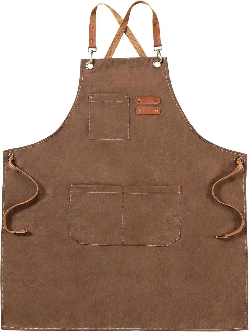 Canvas Aprons, Kitchen Chef Aprons, Work Aprons for Men Women, Adjustable Strap Aprons with 3 Pockets (Brown)