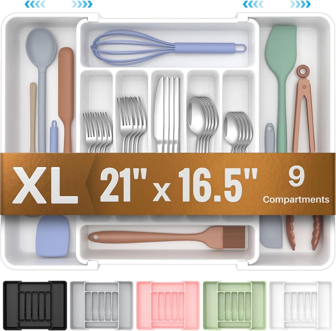 ukeetap Extra Large Expandable Silverware Organizer, BPA-Free Food-Safe Cutlery Flatware Organizer, Kitchen Utensil Drawer Organizer, Adjustable Silverware Holder for Spoons Forks Knives, White