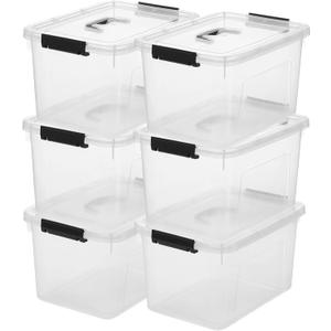 Clear Storage Latch Box 12 Quart, Plastic Organizing Box/Bin with Lid and Black Handles, 6-Pack