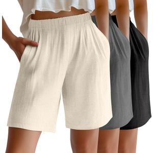 Riyiper 3 Pack Women's Linen Shorts Elastic High Waist Bermuda Wide Leg Summer Casual Lounge Short with Pockets (Medium, Apricot, Gray, Black)