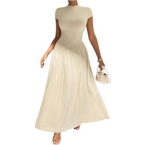 SOLY HUX Women's Summer Maxi Dress Modest Mock Neck Cap Sleeve A Line Flowy Elegant Long Dresses Pure Khaki Medium