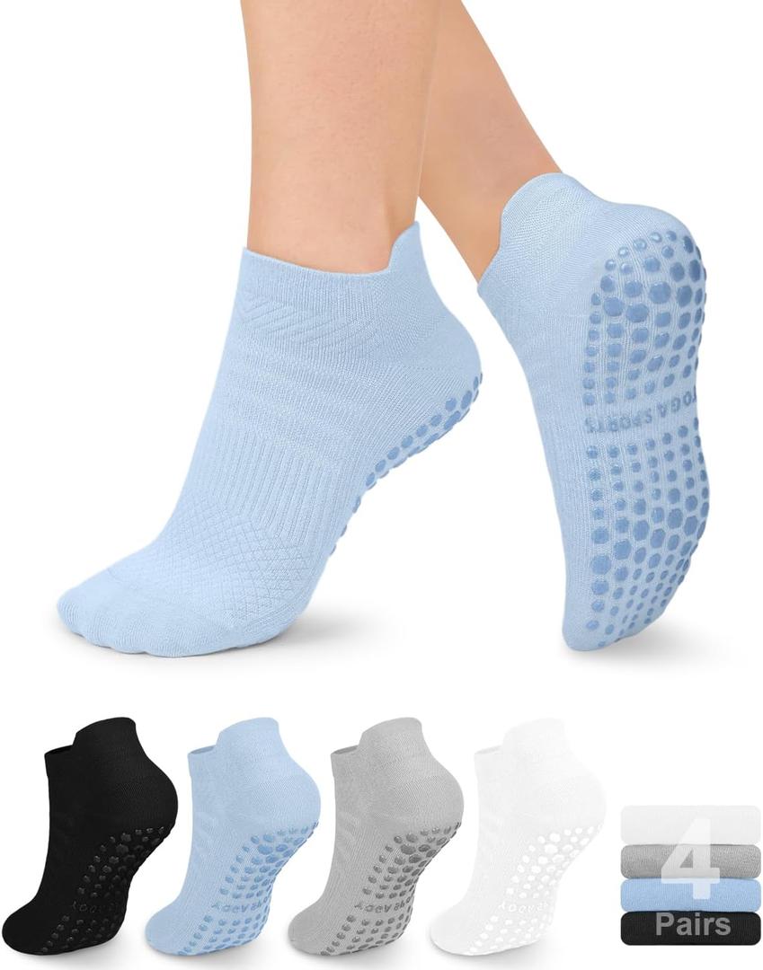 YeuG 4 Pairs Pilates Socks for Women - Non Slip Grip Socks for Yoga, Barre, Hospital, Barefoot (Small-Medium, D01-black/Blue/Light Grey/White)
