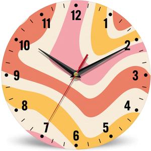 SPUNKER Clock for Bedroom, Colorful Waves Wall Clock Battery Operated 10 Inch, Retro 70s Round Clock Silent Non-Ticking Wall Decor for Farmhouse Office Home School Living Room Bedroom