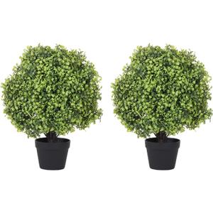 THE BLOOM TIMES 2ft Boxwood Topiary Ball Trees Artificial Outdoor Set of 2, 24" Faux Evergreen Plants Outside UV Resistant Greenery, Fake Potted Bushes and Shrubs for Front Porch Planter Patio Decor