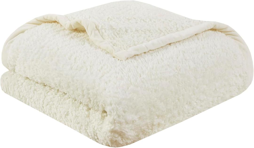 Woolrich Burlington Berber Blanket Super Soft, Cozy Lightweight Cover with Luxurious Velvet Binding, Modern Trendy All Season Bedspread Bedding-Set, King: 108x90, Ivory