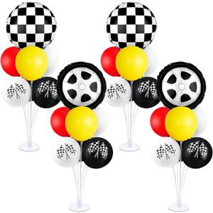 18" Race Cars Foil Balloons Stand Kit 4 Set,Sports Checkered Race Balloons Birthday Party Decorations Flags Balloons for for Race Fans Kids Boy Supplies