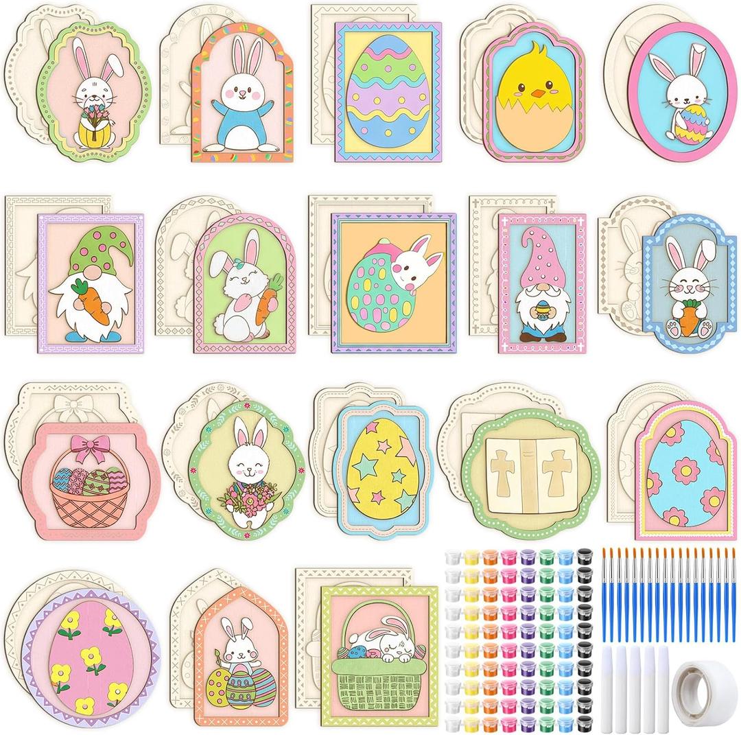 Leinuosen 18 Set Wooden Easter Ornaments to Painting Kits Include Unfinished Wood Bunny Egg Chicks Baskets with Brushes Paints DIY Easter Crafts for Basket Stuffers Gift Activity Supplies Party