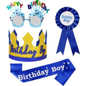 YumSur Birthday Crown and Dress Up Set - Headband Tiara, Ribbon Medal for Kids, Girl, Boy, Children's Party