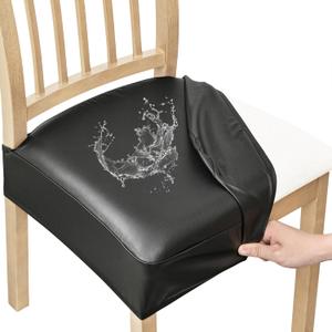 Smiry Waterproof Pu Leather Seat Covers for Dining Room Chairs Set of 6, Stretch Fit Removable Washable Kitchen Chair Seat Slipcovers Protector, No Rear Covers, Black
