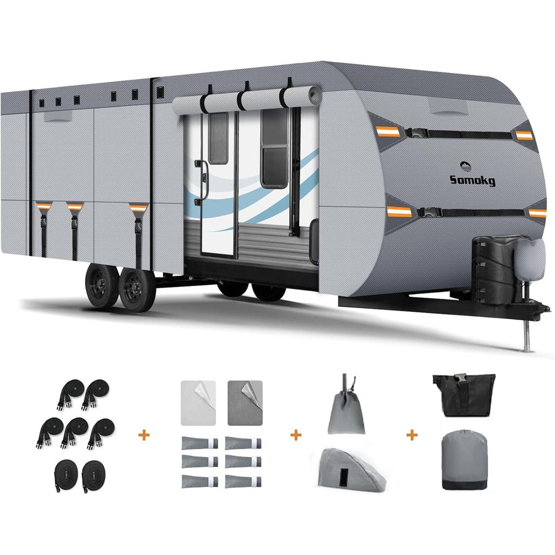Upgrade 7 Layers RV Cover 20-22 FT, Somokg Heavy Duty Travel Trailer RV Cover, Utility Trailer Cover for Snowproof, Rip-Stop Camper Cover with 5+2 Windproof Straps & Abundant Kit