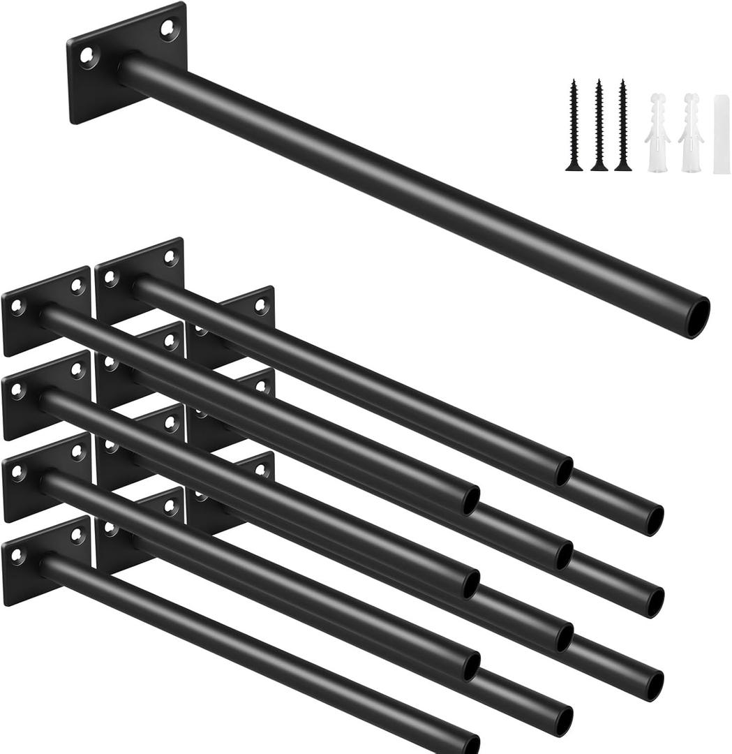 12 Pcs 8" Black Steel Floating Shelf Bracket Blind Shelf Supports - Hidden Brackets for Floating Wood Shelves - Concealed Blind Shelf Support  Screws and Wall Plugs Included