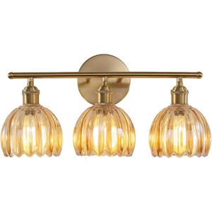 Bathroom Light Fixtures, 3-Light Brass Vanity Wall Light Over Mirror with Amber Tulip Glass Shade for Bedroom Living Room, 3 heads
