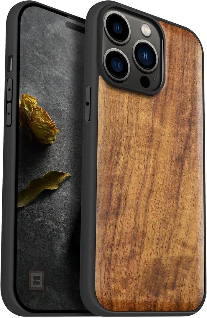 Carveit Magnetic Wood Case for iPhone 14 Pro Max [Natural Wood & Black Soft TPU] Unique & Classy Wooden Shockproof Protective Cover Compatible with magsafe (Walnut)