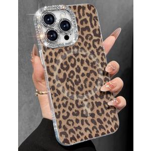 Toycamp for iPhone 16 Pro Max Case - Compatible with Magsafe Aesthetic Cute Brown Leopard Laser Holographic i 16 ProMax Case with Diamond Bling Lens Protector for Apple 16Pro Max Cover for Women Girls