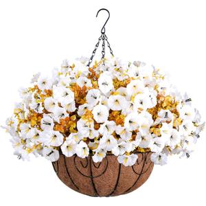 Artificial Fall Flowers Fake Hanging Plants Flowers Basket for Outdoors Autumn Decoration, Silk Morning Glory with Eucalyptus Look Real UV Resistant Faux Flowers for Outside Porch Patio Balcony, White