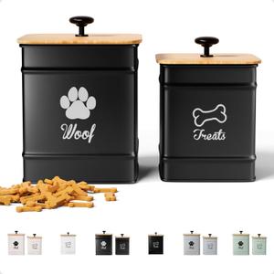 Dog Treat Container Airtight Set of 2 - 8x6 & 7x5 inch Iron Dog Treat Jars for Kitchen Counter with Airtight Bamboo Lids - 20 Cup Capacity Pet Treat Container Set - Doggie Cookie Jar - Treats Canister