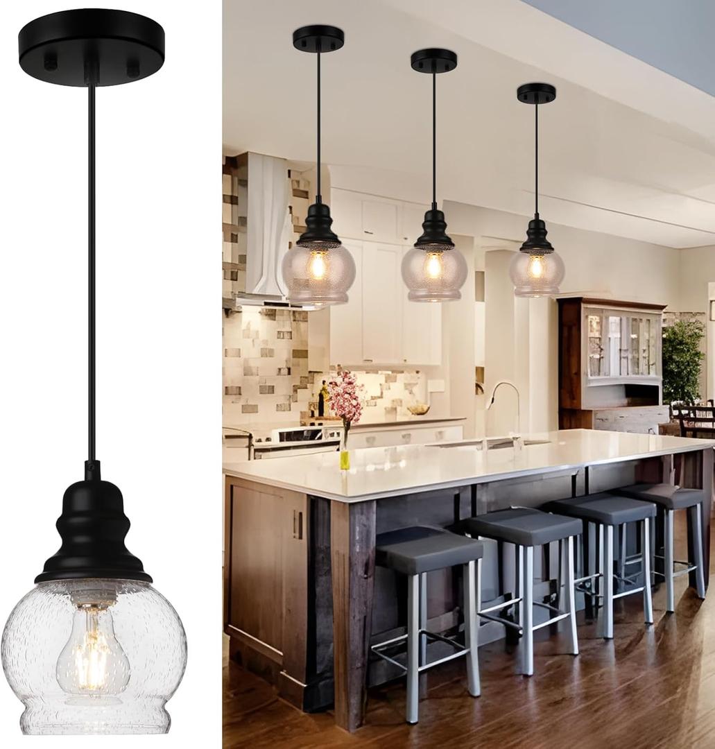 WILON Kitchen Island Light Fixtures, Black Pendant Light with Seeded Glass Shade Mini Pendant Lighting for Kitchen Island, Farmhouse Ceiling Light for Kitchen Island Dining Room Hallway Living Room