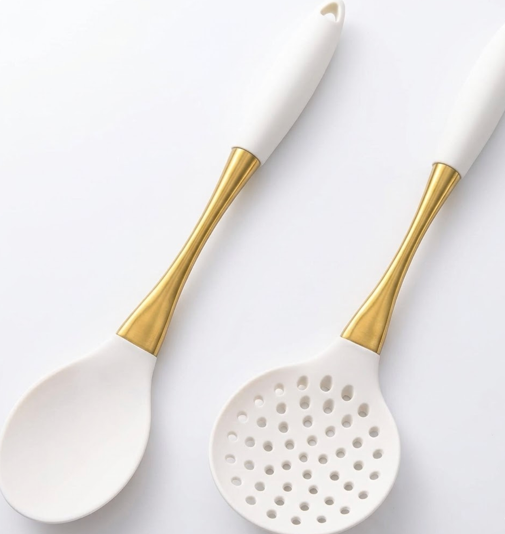 2-Piece White and Gold Silicone Cooking Utensils, Kitchen Essentials for Home Apartment, Silicone Kitchen Gadgets Spatula for Nonstick Cookware