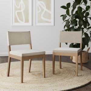 Nathan James Linus Modern Upholstered Dining Chair with Solid Rubberwood Legs in a Wire-Brushed Brown Finish, Natural Flax/Brown, Set of 2