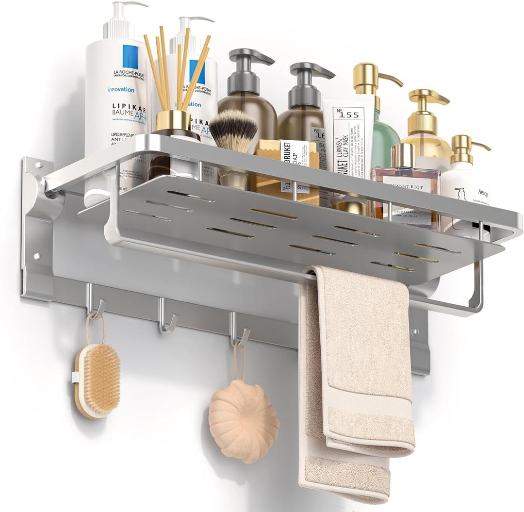 90 Foldable Racks for Bathroom Wall Mounted with Rustproof Aluminum Towel Bar 5 Towel Hooks 23IN Shelves Organizers Storage for RV Hotel Lavatory Kitchen Home Decor, Silver