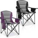 2 Pack Padded Oversized Camping Chairs for Adults,Heavy Duty Support 400 Lbs,Folding Portable Lawn Chair w/Cup Holder,Cooler Bag,Side Pocket,Perfect for Outdoor Picnic,Hiking(Purple&Black)