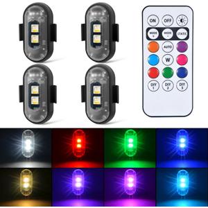 4PCS Wireless LED Strobe Lights with Remote Control, 8 Colors Rechargeable Led Lights Anti-Collision LED Emergency Warning Lights for Car Motorcycle Bike Drone Aircraft