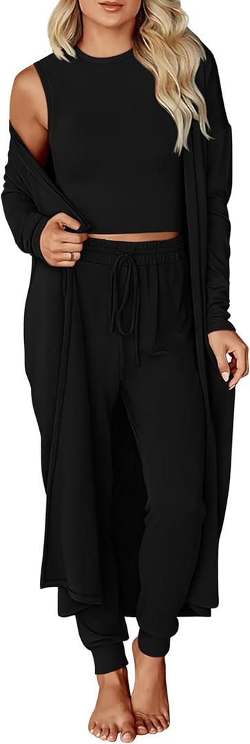 KIRUNDO 3 Piece Lounge Sets for Women Airport Travel Vacation Outfits Spring Cardigan Matching Sleeveless Top Jogger Pants (Large, Black)