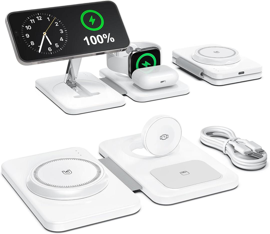 3 in 1 Magnetic Wireless Charger for Apple Multiple Devices, Foldable Fast Charging Station - Magsafe Charger Stand, Travel Charger Pad for iPhone 17 16 15 14 13 12 Series/Apple Watch/AirPods Pro (1 Pack - White)