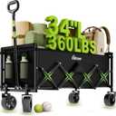34" Extra Long Collapsible Wagon Cart, 360LBS Capacity, Black | Foldable Utility Cart with Wheels, Heavy-Duty, for Shopping/Grocery/Garden/Sports/Camping, 130L Storage, 600D Oxford (16.7"x25.5")