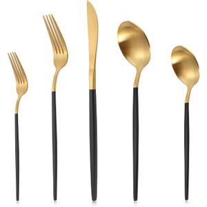 Matte Gold Silverware Set With Black Handle, LAZAHOME Stainless Steel Flatware Cutlery Set Service for 8, 40-Piece Kitchen Utensil Set Include Spoons And Forks Set, Dishwasher Safe.