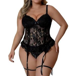 FANCMISTERY Plus Size Lingerie for Curvy Women Lace Corset with Adjustable Straps and Garter Details Sleepwear XXL