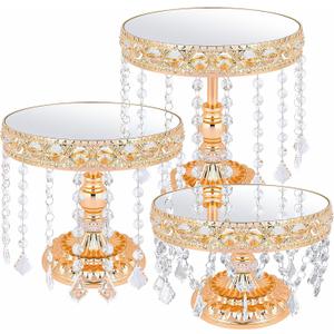 3 PCS Round Cake Stand with Crystal Bling Pendants European Style Lace Cake Plate Golden Premium Display Stand with Crystal Bling Pendants Dessert Showcase Set for Birthday Parties,Wedding,Banquet