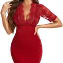 RSLOVE Sexy Lingerie Babydoll Outfits - Women V Neck Corset 2 Piece Nightwear Lace Sheer Mesh Chemise with Thong XXL