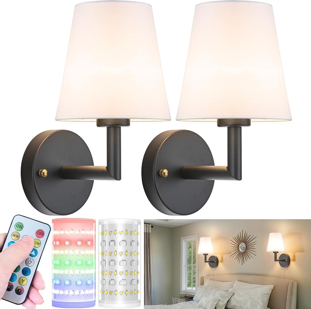 Nekhung Battery Operated Wall Sconces Set of 2, Wireless Wall Light with 10000mAh RGB Dimmable Magnetic Bulb, Rechargeable Wall Sconce with Remote Control for Bedroom Living Room