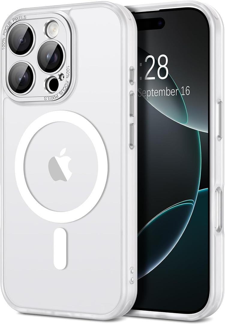 Hython for iPhone 16 Pro Case Magnetic Translucent Matte Phone Cases with Camera Cover Lens Protector [Compatible with MagSafe] Slim Shockproof Bumper Protective Cover for Women Men, Frosted White