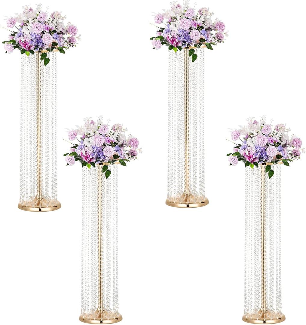 LANLONG Set of 4 Luxurious Crystal Flower Stand Wedding Centerpieces on Floor Tall Metal Flower Arrangement Stand Tabletop Flower Vase for Wedding Party Hotel Home Decor (Gold)