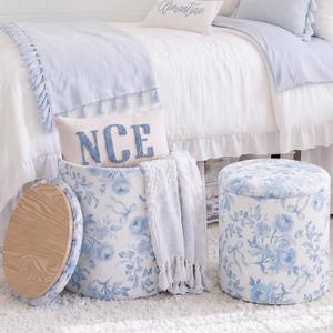Geetery 2 Pcs Dorm Ottoman with Storage Blue Bow Floral Round Ottoman | Fancy Garden Coquette Storage Ottoman, Aesthetic Vanity Stool for Bedroom, Foot Stool for Living Room College Dorm, 2 Sizes, Small
