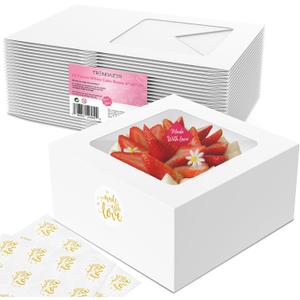 Cake Boxes 8x8x5 Inch 25 Pack with Window, 30 Bonus Sticker, Auto Popup, Extra Thick, Oil Resistant, Ideal for Cookie, Pie, Treat, Pastry, Bakery