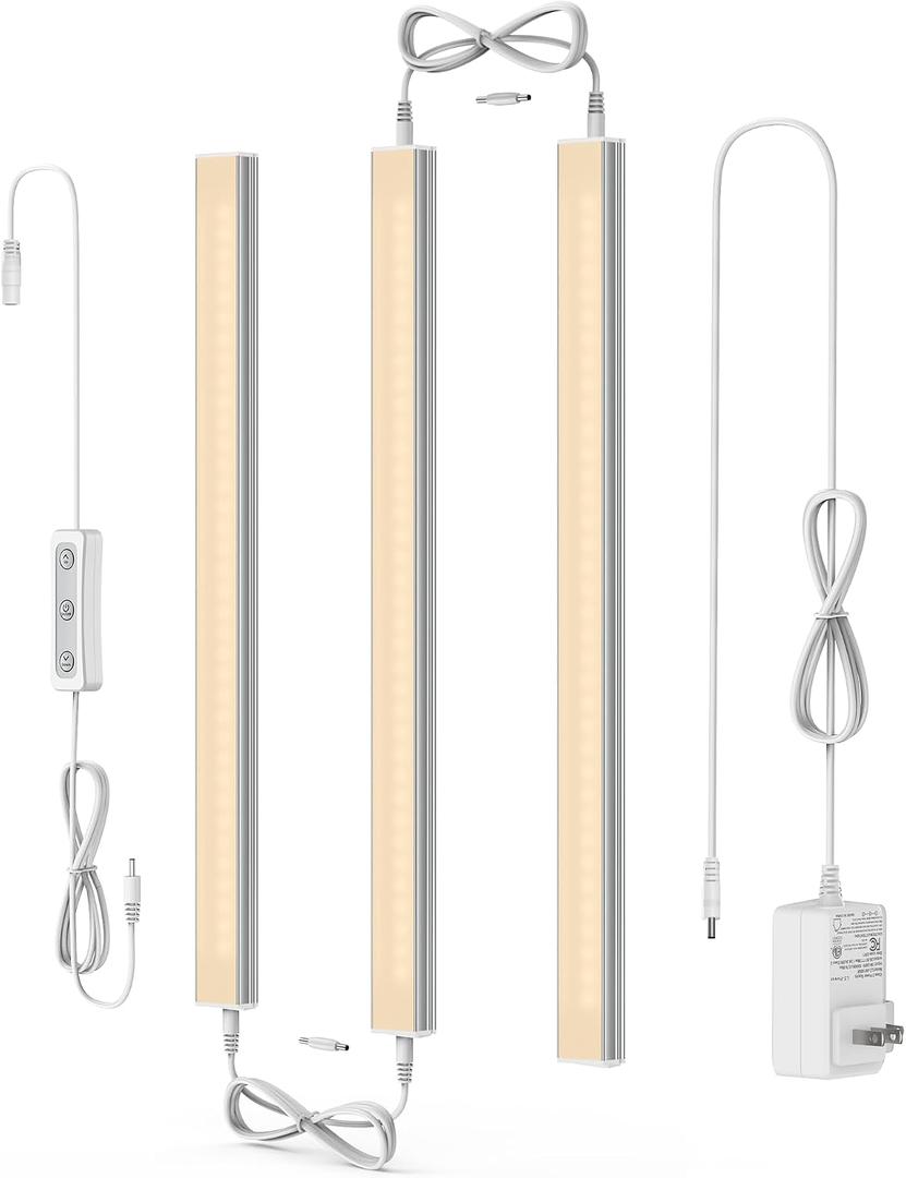 ASOKO Dimmable LED Under Cabinet Lights Warm White 2700K, 3 Pcs 12" Linkable Cabinet Lighting Plug in, 24V ETL Listed Plug, Led Closet Light Bars for Kitchen Counter, Shelf, Bookcase, Showcase etc