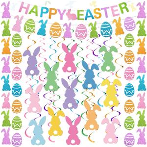 Fullhawl 30 Pcs Happy Easter Decorations Set Easter Party Decoration Egg Bunny Garlands Banner Hanging Swirls Ceiling Streamers Strings for Home Office Classroom Spring Party Decor
