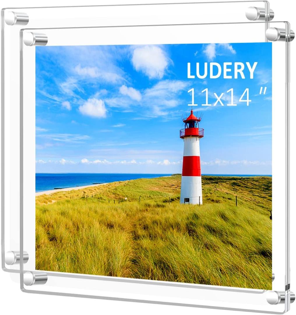 11x14 Clear Acrylic Wall Mount Floating Frameless Picture Frame for Wall, Frameless Photo Frame Panel For Degree Certificate, artwork and family portraits (Full Frame is 13x16)-2pack