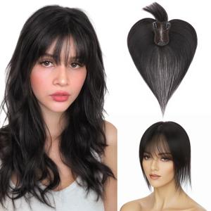 Human Hair Topper with Bangs, 360 Cover Clip in Hair Topper Hair Piece for Women - Natural Black
