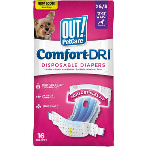 OUT! Petcare Disposable Dog Diapers for Female Dogs, Dog Heat Diapers, Female Dog Period Pads, Female Doggy Diaper for Peeing, Pet Diapers for Small Pets,13”-18” Waist, XS/Small, 16 Count