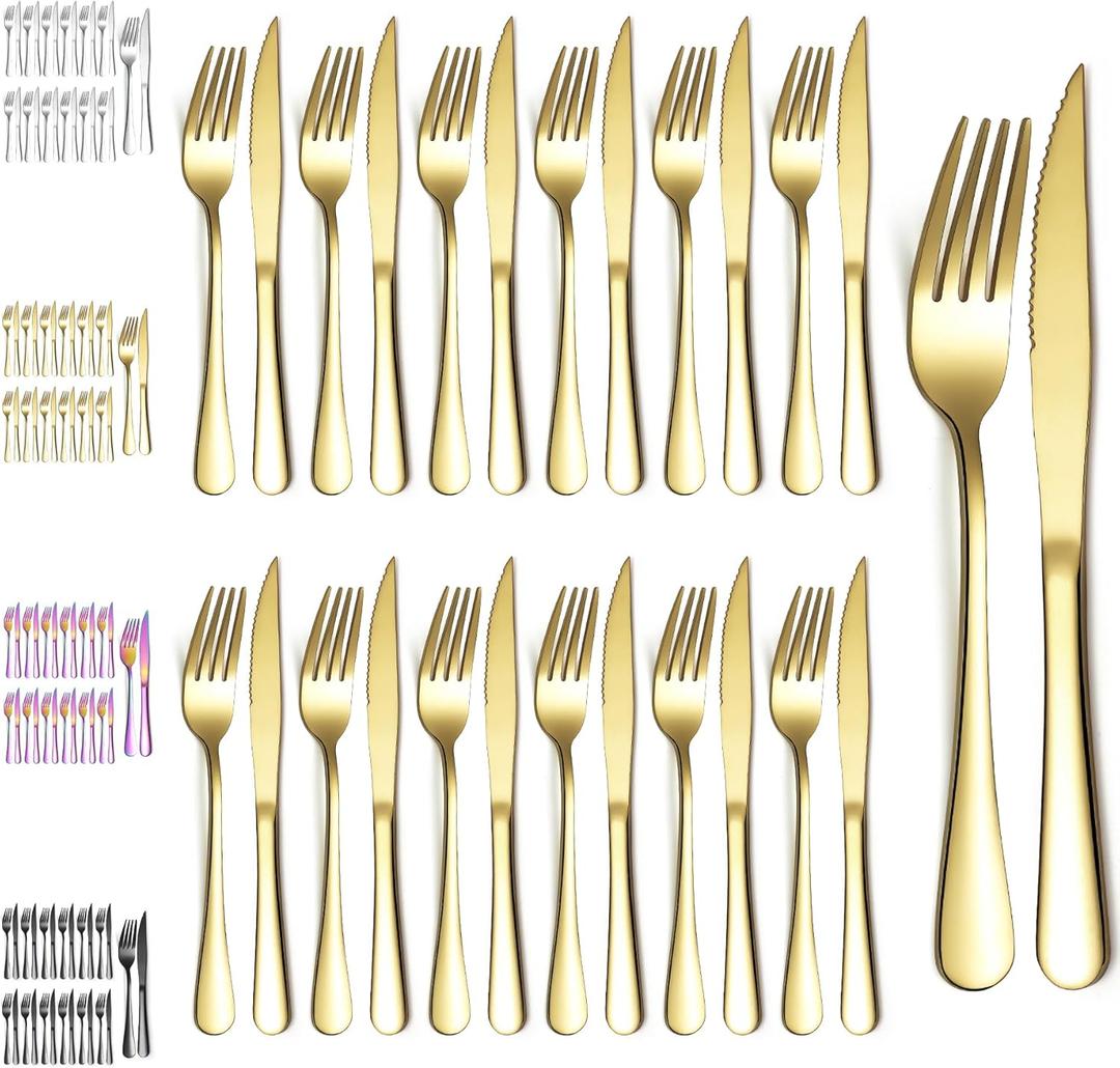 Evanda Gold Steak Knives Set 24 Piece, Gold Titanium Plating Stainless Steel 12 Dinner Forks and 12 Dinner Knives Set, Steak Knives Steak Forks, Dishwasher Safe